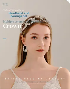 Close-up of a bridal tiara and earring set featuring hollow alloy with sparkling rhinestones
