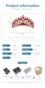 Detailed dimensions of red rhinestone bridal crown showing 7.5cm height and 14.5cm width