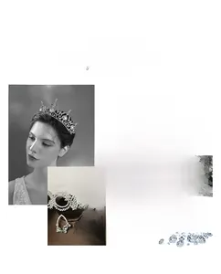 Macro detail of silver wedding tiara and teardrop earrings with crystals