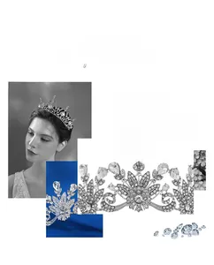 Detail shot of silver bridal crown featuring floral patterns and pear-shaped crystals