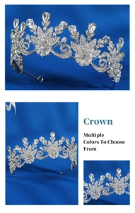 Detailed view of silver bridal crown featuring intricate flower patterns and rhinestones