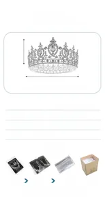 Detailed infographic of a baroque rhinestone crown showing size 6.7x13.5cm and material specs
