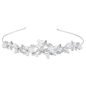Detailed view of silver hairband featuring white faux pearls and crystal floral patterns