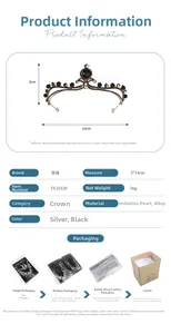 Detailed size specifications for vintage bride crown with black rhinestones and pearls