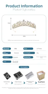 Detail showing gold bridal tiara with rhinestones and pearls measuring 14cm wide and 3.5cm high