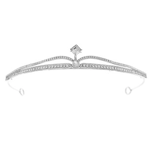 Close-up of silver-tone alloy crown featuring dense rhinestones and square center stone