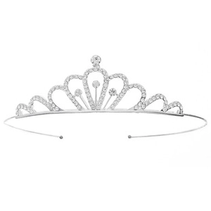 Detail of silver wedding tiara with sparkling crystal rhinestones and heart shaped design