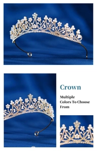 Macro view of gold bridal crown with white pearls and sparkling crystal flowers