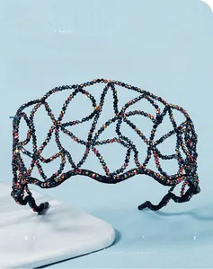 Detailed macro view of handmade woven mesh headband with vibrant sparkling AB rhinestones