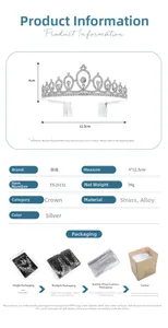 Detail view of the silver rhinestone tiara showing dimensions 4x12.5cm and packaging info