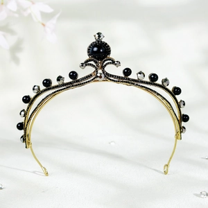Vintage Baroque gold bridal crown with black pearls and sparkling crystal rhinestones