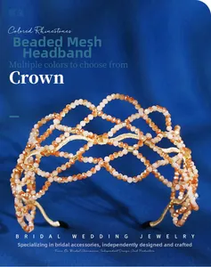 Detail of hand-woven orange beaded mesh bridal headband with gold metal base