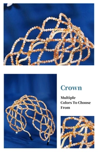 Detailed macro view of orange and champagne crystal beads woven into a crown headband