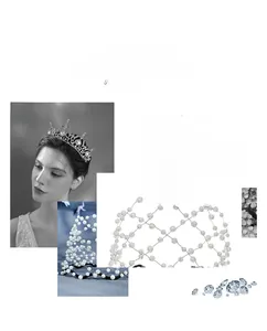 Detail view of silver rhinestone crown and pearl woven hairband for wedding party decor