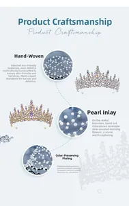 Detail of handcrafted bridal crowns with pearls and rhinestones on blue background