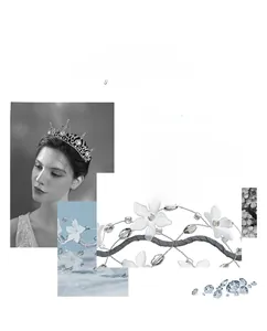 Detail of bridal headband set with frosted white petals and crystal beadwork