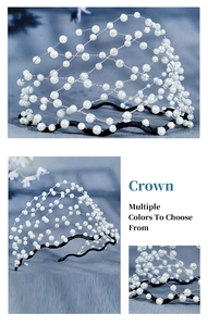 Macro detail of hand-woven pearl mesh crown with silver wire on black metal headband