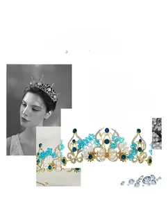 Detail of baroque gold bridal crown with blue crystals, pearls and intricate floral patterns