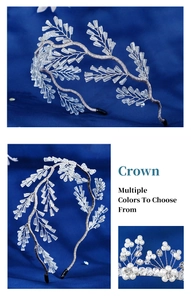 Détail de la couronne de mariée argentée avec perles et cristaux sur fond bleu