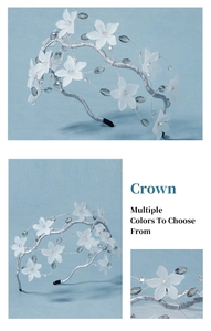 Detail showing the intricate silver wire weaving and acrylic flower petals on the bridal crown