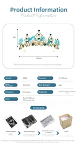 Detailed size specifications for the gold Baroque crown with blue crystals and pearls
