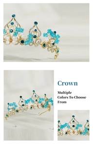 Detailed macro view of baroque gold alloy bridal crown with blue crystals and pearls