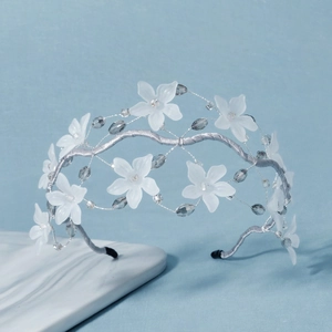 Handmade Acrylic Flower Crystal Beaded Headband Silver Wire Bridal Wedding Crown Fairy Floral Hair Accessories For Women