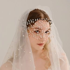 Vintage Hand Woven Imitation Artificial Pearl Mesh Headband Elegant Bridal Wedding Veil Hair Accessory For Women Party Hairband