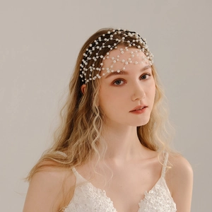 Elegant white pearl mesh headband for wedding party hair accessories with vintage style