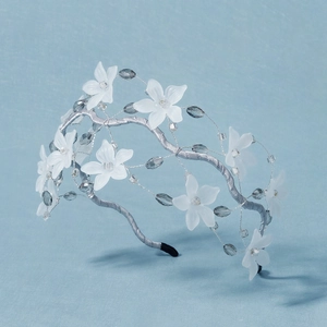 Handmade crystal beaded headband with white flowers and silver wire bridal headpiece
