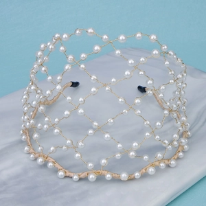 Vintage bridal mesh headband with white pearls and gold wire grid for wedding parties