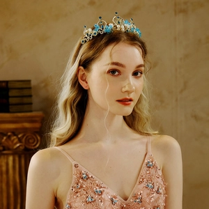 Baroque Gold Bridal Crown Blue Crystal Rhinestone Faux Artificial Pearl Tiara Headband For Wedding Pageant Party Hair Accessories