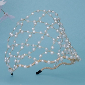 Elegant vintage gold wire mesh headband with white pearls for bridal wedding party wear
