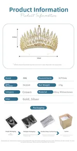 Detailed size and weight chart for luxury rhinestone gold crown with 8.5cm height
