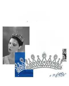 Detailed close-up of a silver bridal tiara with intricate crystals and flower design