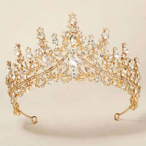 Golden Baroque tiara with sparkling crystal rhinestones and water drop center stone