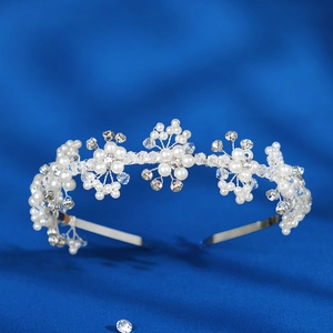 Handmade Woven Bridal Headband Silver Artificial Pearl Flower Crystal Hair Accessory Elegant Wedding Banquet Party Headwear For Women