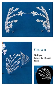 Detailed views of luxury silver bridal crown with marquise crystal floral patterns