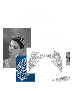Close-up of luxury bridal leaf headband with intricate silver crystal leaf pattern detail