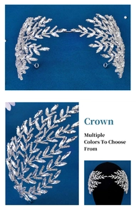 Detail showing crystal leaf tiara with marquise rhinestones on polished silver frame