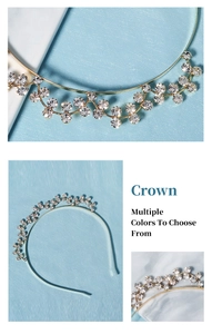 Close-up of golden rhinestone crown headband with vine-like fork design details
