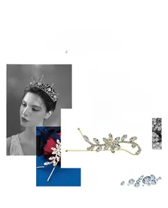 Macro detail of leaf-shaped bridal hair clip and crown set with sparkling rhinestones