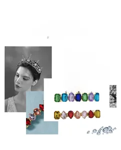 Detail view of crystal tiara and colorful gemstone spring clips with multi-color stones