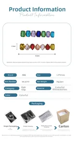 Detailed size specifications and layered packaging process for colorful rhinestone hair clips