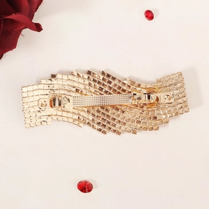 Elegant rectangle hair clip with clear rhinestones on light gold spring base back view