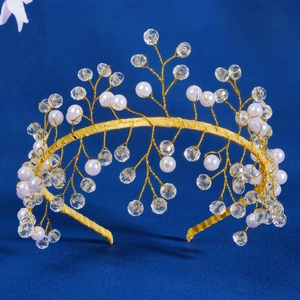 Handmade Beaded Crystal Artificial Pearl Headband Gold Branch Tiara Hair Accessory For Wedding Birthday Party Women Elegant Jewelry