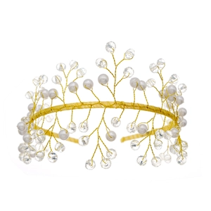 Handmade bridal headband with white pearls and crystals on gold silk wrapped wire frame