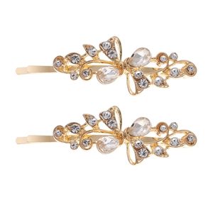 Set of two gold floral butterfly hair clips with sparkling rhinestones for women