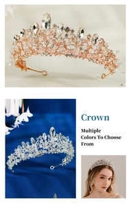 Detail of bridal crystal crown in rose gold and silver finish with rhinestone weaving