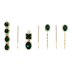 Vintage gold hair clips set with emerald green crystals and sparkling rhinestones for women